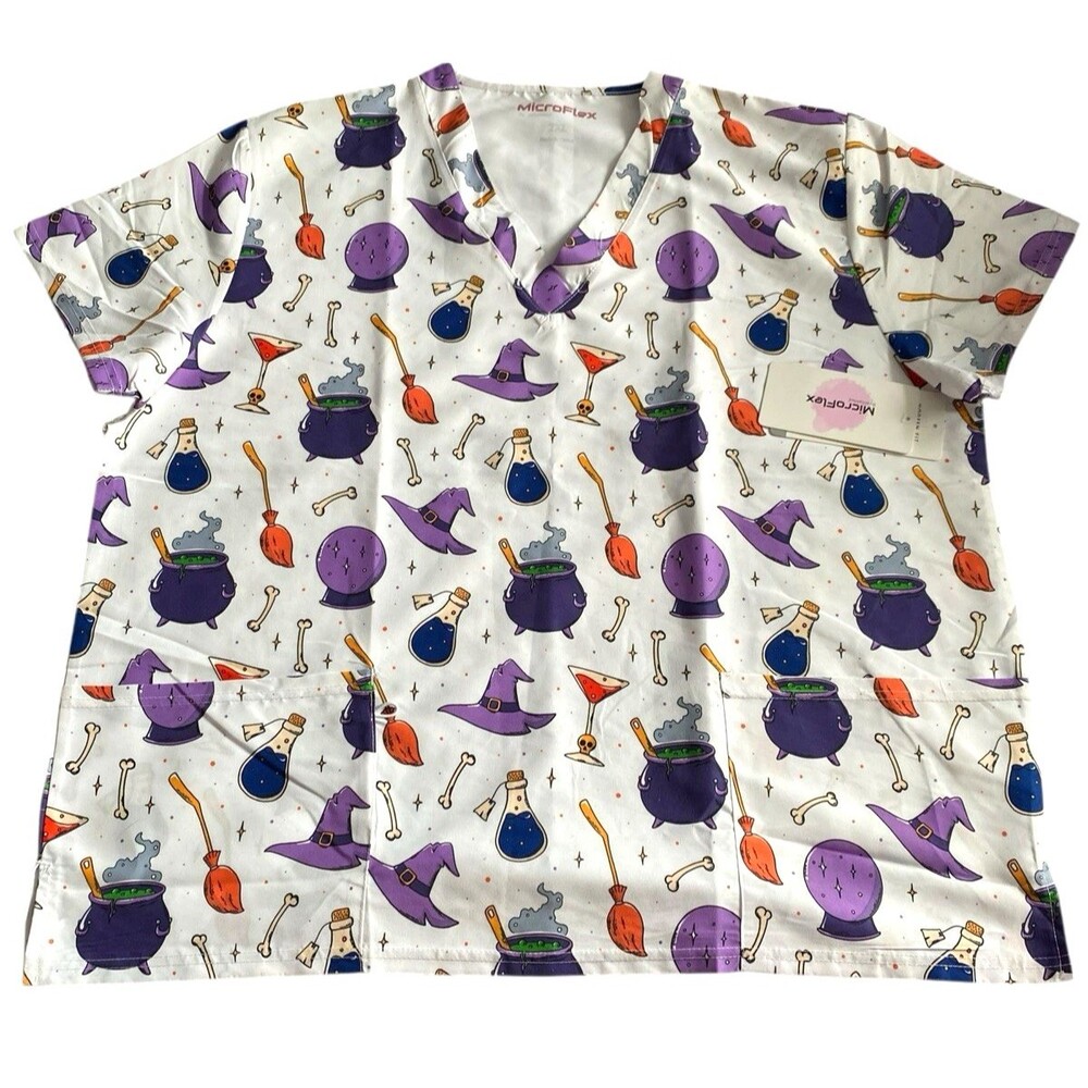 MicroFlex Unisex Scrub Top 2XL Halloween Witch Cauldron Broom Hat Print NWT